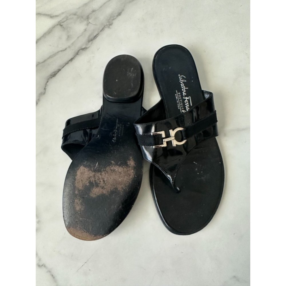 SALVATORE FERRAGAMO Black Silver Logo Buckle Sandals Size 38 - Picture 10 of 11